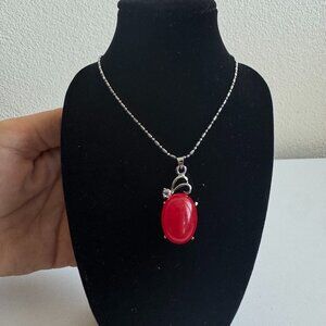925 Sterling Silver Chain Red Cabochon Pendant Necklace